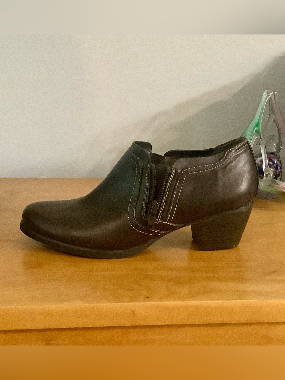Natural Soul  Dark Brown Leather Low Block Heel Ankle Boot
